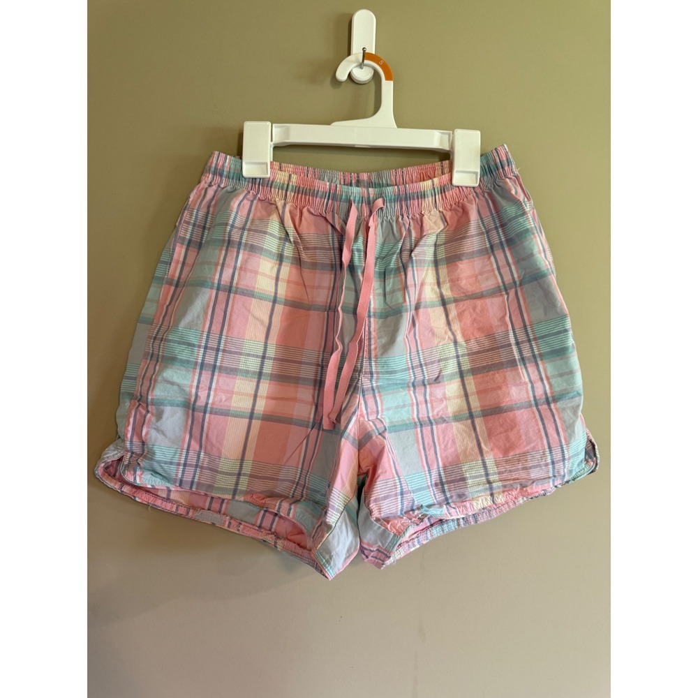 LL Bean Womens Pastel Plaid Pajama Shorts Pink Blue Cotton Sleep Shorts Size M